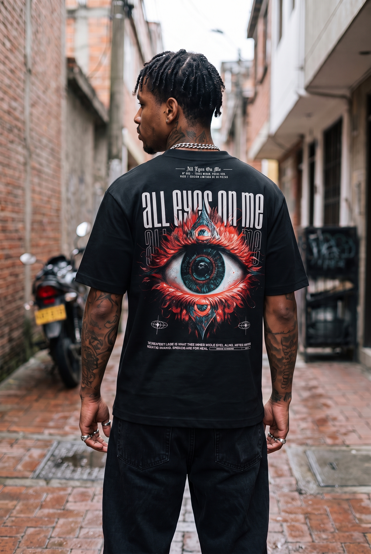 Camiseta All Eyes On Me VAXO — espalda con modelo